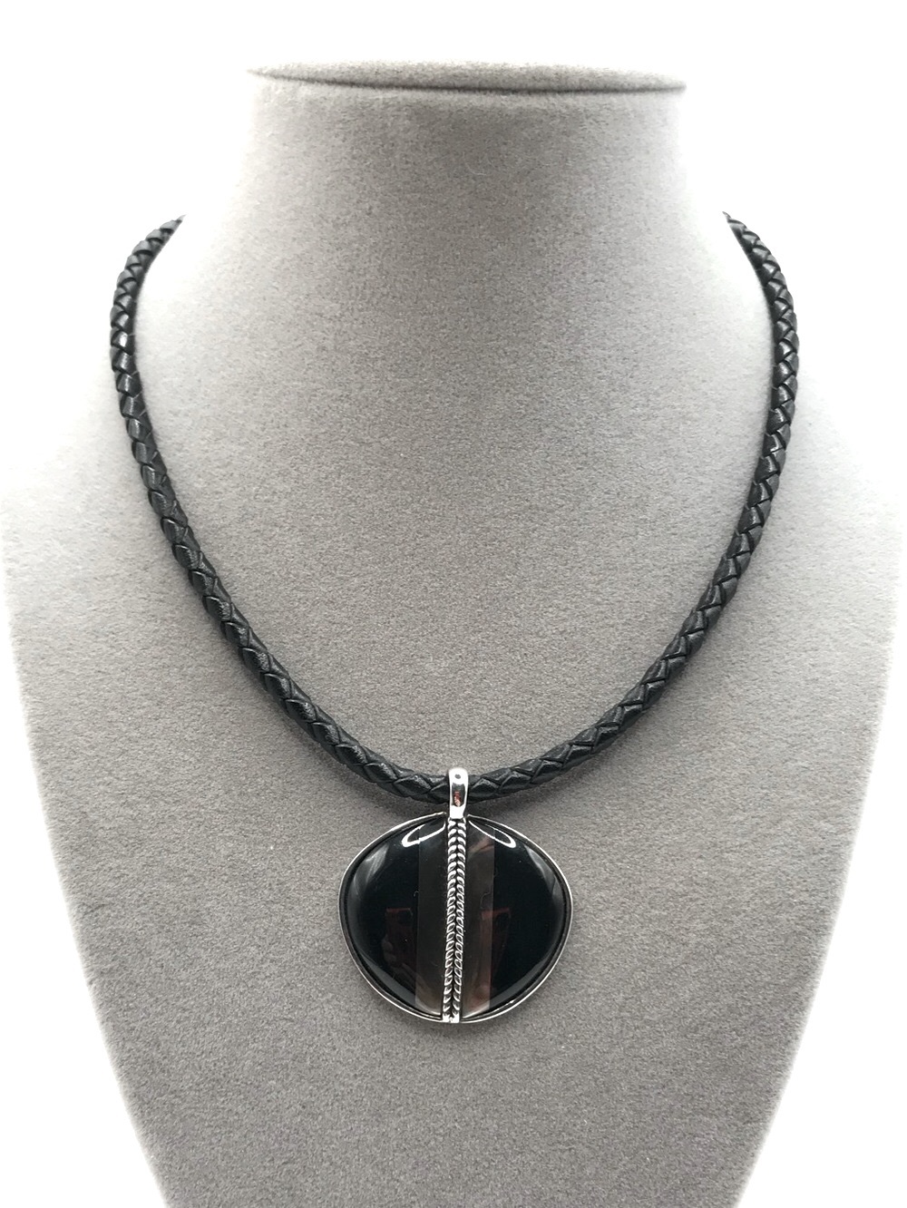 Monet Black Round Pendant with Braided Cord Necklace